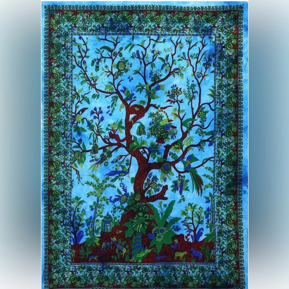 Indian Wall Tapestry Poster Hanging Blue Tree of Life Decor Cotton twin size